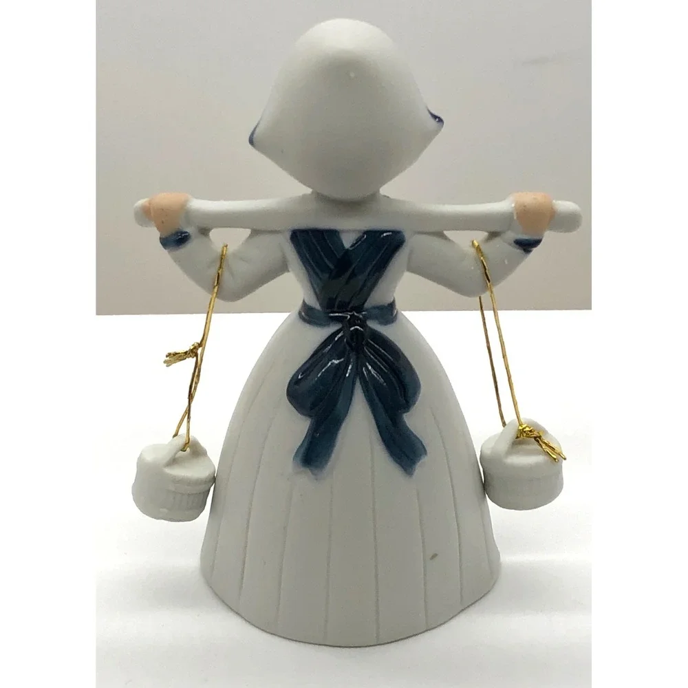 Vintage Dutch Girl Porcelain Bell Figurine Blue White Gold Gilt Water Carrier